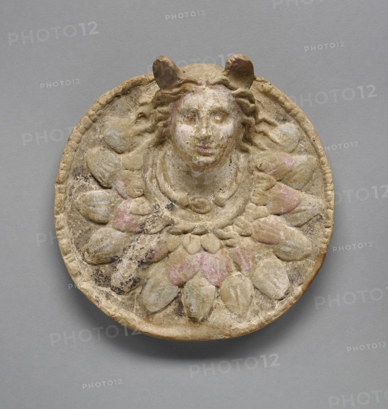 Clipeus with the Head of Medusa; Sicily, Italy; 300 - 100 B.C; Terracotta with a layer of calcite, ?, slip and polychromy