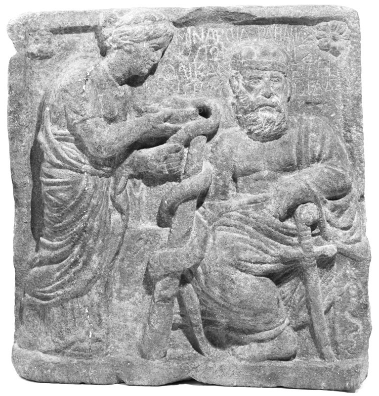 Imitation of a Relief of Asklepios and Hygieia; Eastern Mediterranean, ?, 20th century; Hauran basalt; 62.4 x 64.9 x 11 cm, 24