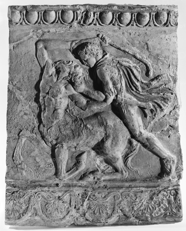 Campana  Relief of Theseus Slaying a Centaur; Italy; 4th century B.C; Terracotta and polychromy; 37.1 × 30.5 cm, 14 5,8 × 12 in