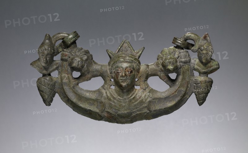 Handle with the Head of a Goddess, Demeter or Cybele, Gaul; early 3rd century; Bronze, with silver; 9.2 × 18.5 cm