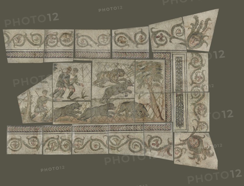 Fragmentary Mosaic Floor with Bear Hunt; 4th century; Stone tesserae; 661 × 869 cm, 260 1,4 × 342 1,8 in