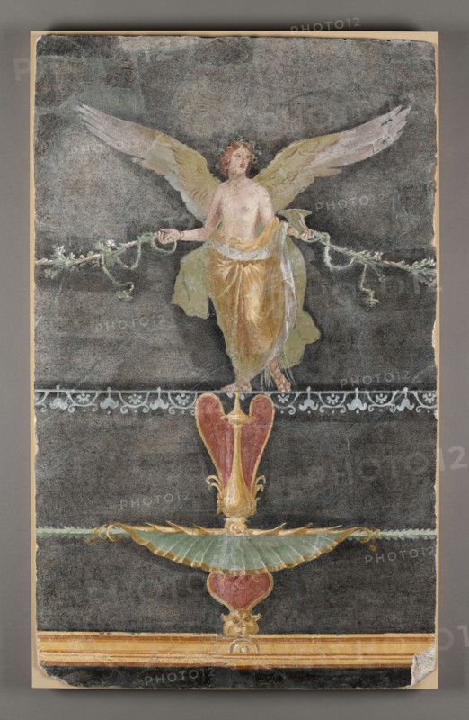 Fresco Fragment with Winged Female on Black Ground; Boscoreale, Italy; 50 - 79; Plaster and pigment; 91 × 56 × 5 cm, 35 13,16