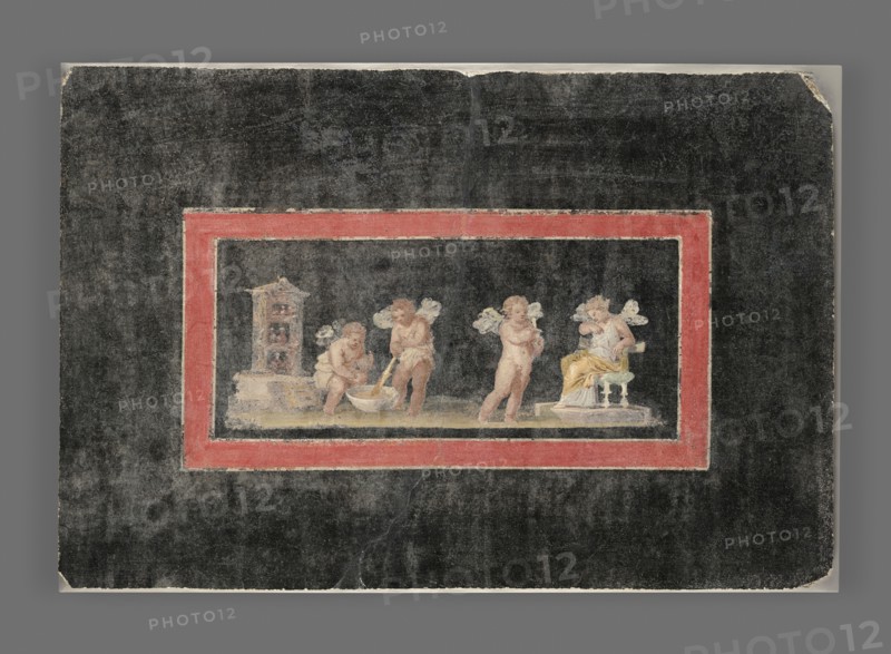 Wall Fragment with Cupids and Psyche Making Perfume; Italy, Europe; 50 - 79 A.D; Fresco; 38 × 56 × 2 cm