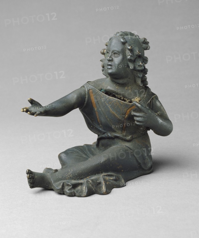 Coin Bank Shaped as a Beggar Girl; Roman Empire; about 25 - 50; Bronze, copper inlay; 12.2 × 13.5 cm, 4 13,16 × 5 5,16 in