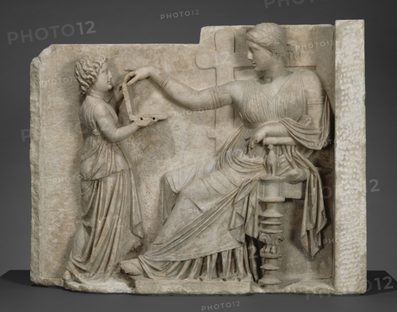 Gravestone with a Woman and Her Attendant;, Delos?, East Greece; about 100 B.C; Marble; 94.6 × 120.7 × 21.6 cm