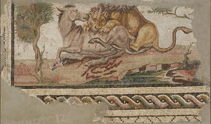 Floor Mosaic with a Lion Attacking an Onager; Tunisia; A.D. 150–200; Stone and glass tesserae; 98.4 × 160 × 7.6 cm
