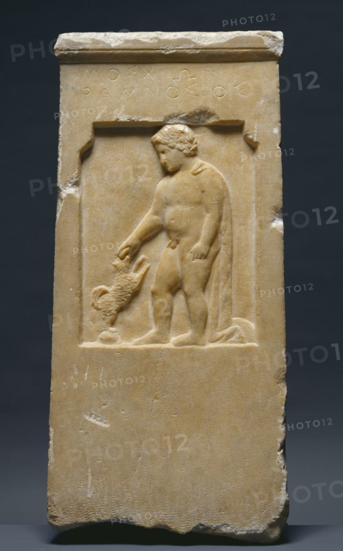 Gravestone of Moschion with his Dog; Greece, Attica, about 375 B.C; Marble; 61.5 × 29.5 × 6.4 cm, 24 3,16 × 11 5,8 × 2 1,2 in