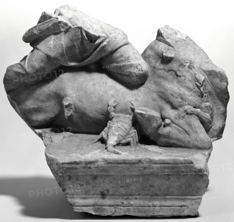 Fragmentary Statuette of Mithras Tauroktonos; Roman Empire; mid-2nd century A.D; Marble; 31.1 × 34.3 × 23.5 cm