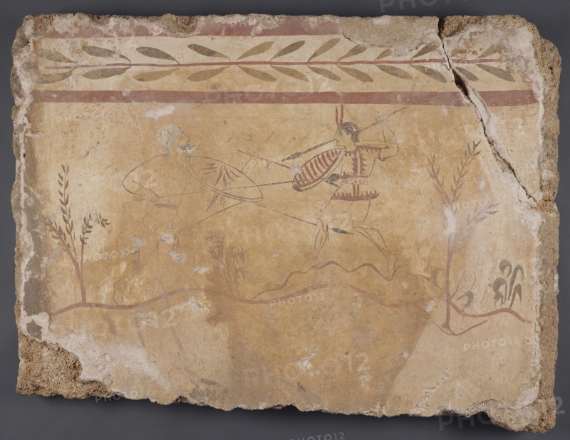 Fresco Panel with Two Warriors; Paestum, South Italy; 4th century B.C; Fresco