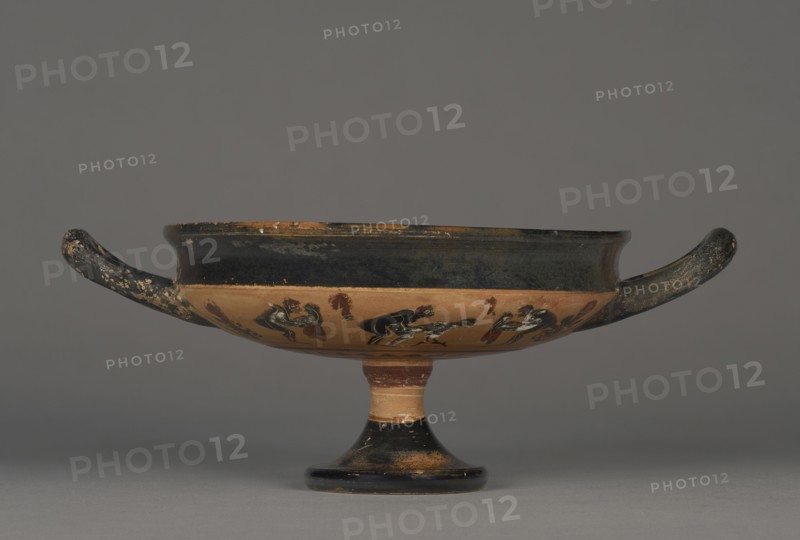 Attic Black-Figure Droop Cup; Wraith Painter; Athens, Greece; 520 B.C; Terracotta; 8.1 × 21.5 × 15.2 cm, 3 3,16 × 8 7,16 × 6 in