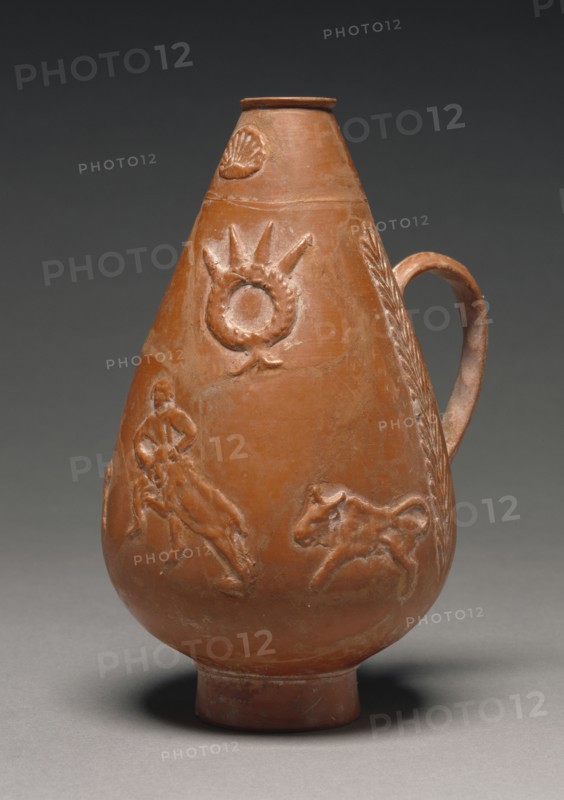 Jug with Gladiators Fighting Wild Beasts; North Africa, Tunisia; 200 - 275; Terracotta; 15.3 cm, 6 in