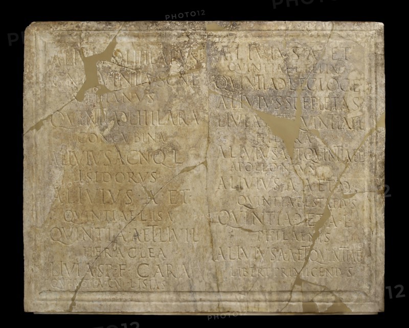 Roman Funerary Inscription; Roman Empire; 1st century B.C; Marble; 68.8 × 85.9 × 5.1 cm, 27 1,16 × 33 13,16 × 2 in