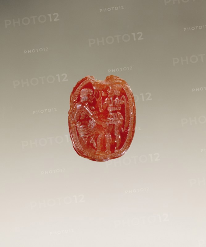 Gem Engraved with Achilles and Patroclus in Armor; Etruria; second half of 5th century B.C; Carnelian; 0.8 × 1.5 × 1.2 cm