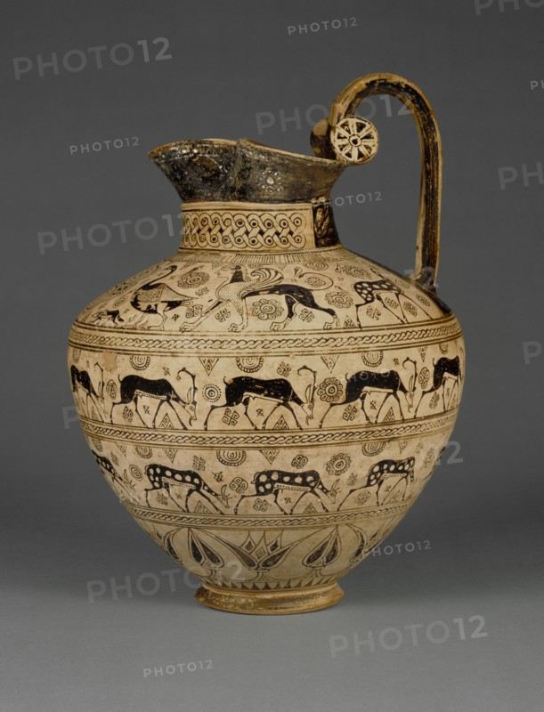 Pitcher with Waterbirds, Dogs, and Ruminants; Ionia, present-day western Turkey, about 625 B.C; Terracotta; 35.7 × 26.5 cm