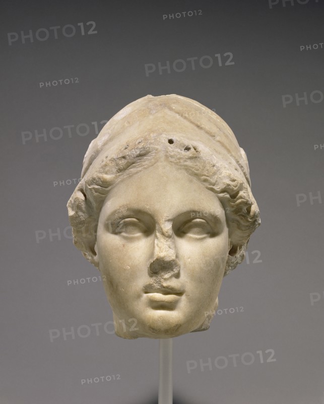Head of Athena; Asia Minor; 160 - 150 B.C; Marble; 32.5 × 27 × 29 cm, 12 13,16 × 10 5,8 × 11 7,16 in