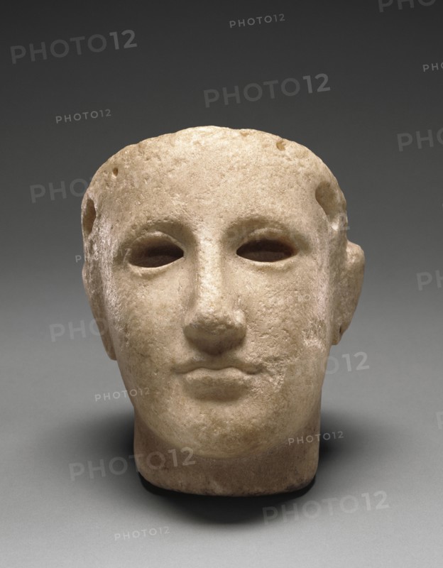 Head of Athena; South Italy; about 420 B.C; Marble; 21 × 14.1 × 15.8 cm, 8 1,4 × 5 9,16 × 6 1,4 in