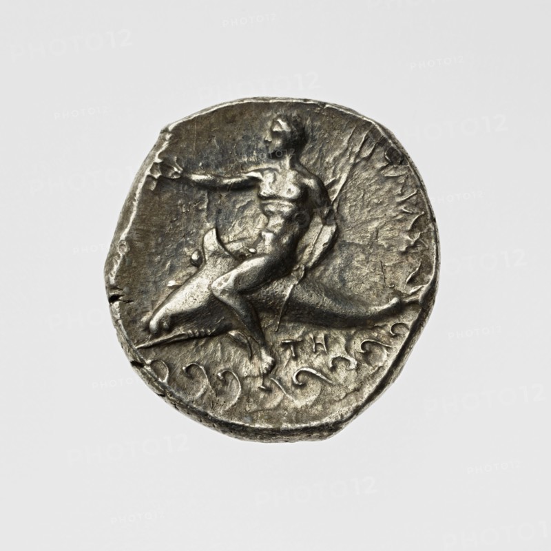 Stater; Taras, South Italy; 344–334 B.C; Silver; 2.5 cm, 0.0078 kg, 1 in., 0.0172 lb