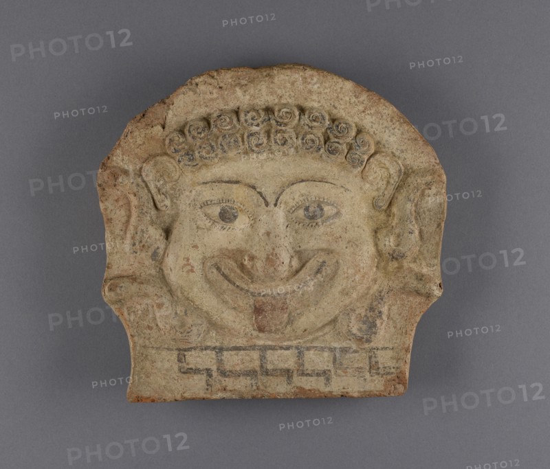 Gorgon Head Antefix; Greece; early 5th century B.C; Terracotta; 20.8 × 21.8 × 4.5 cm, 8 3,16 × 8 9,16 × 1 3,4 in