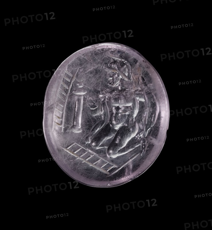 Engraved Gem with Capaneus; Italy; 200–1 B.C; Pale amethyst; 1.6 × 1.4 × 0.4 cm, 5,8 × 9,16 × 1,8 in