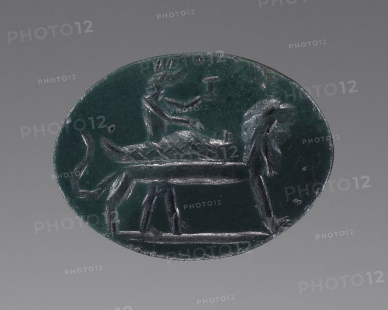 Engraved Gem with Anubis and Osiris; 100 - 250; Green Jasper?; 1.4 × 1.1 × 0.3 cm, 9,16 × 7,16 × 1,8 in