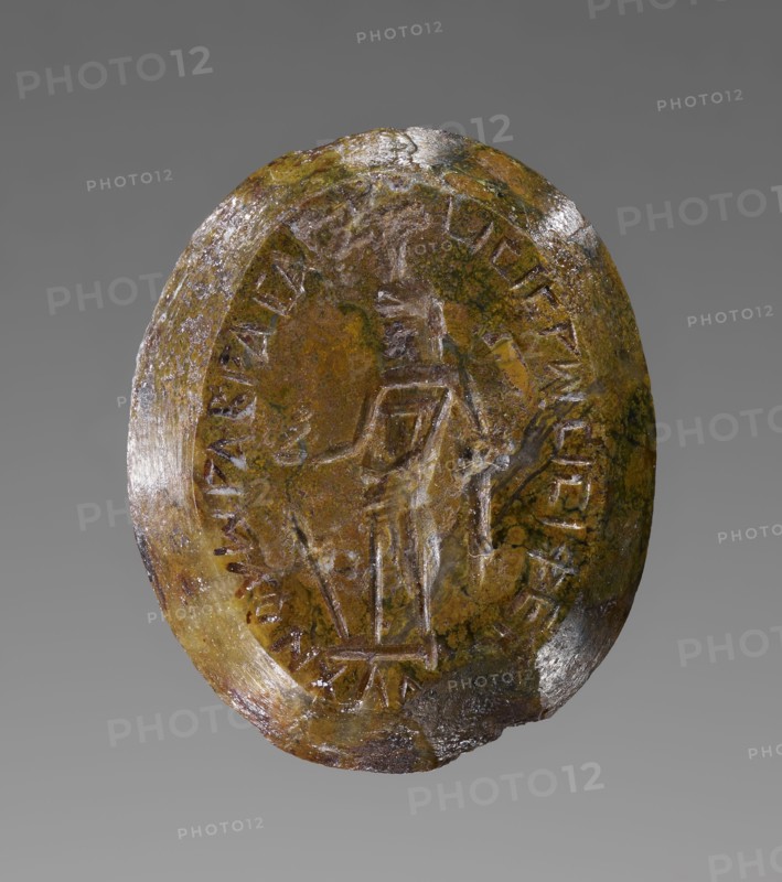 Double-Sided Engraved Gem with Magical Inscription; Roman Empire; 2nd - 4th century; Brecciated jasper & chalcedony; 7 × 1.5 cm