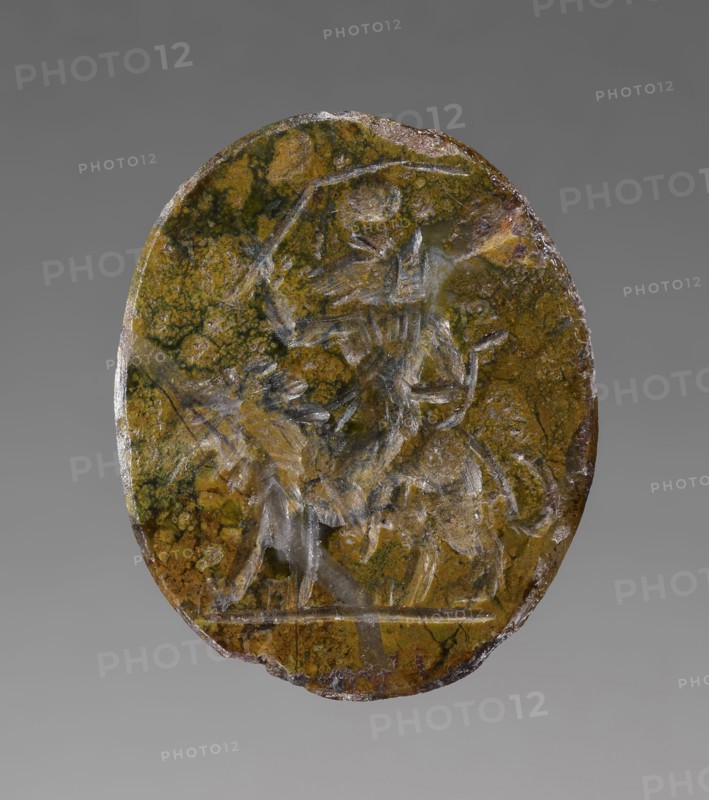 Double-Sided Engraved Gem with Magical Inscription; Roman Empire; 2nd - 4th century; Brecciated jasper & chalcedony; 7 × 1.5 cm
