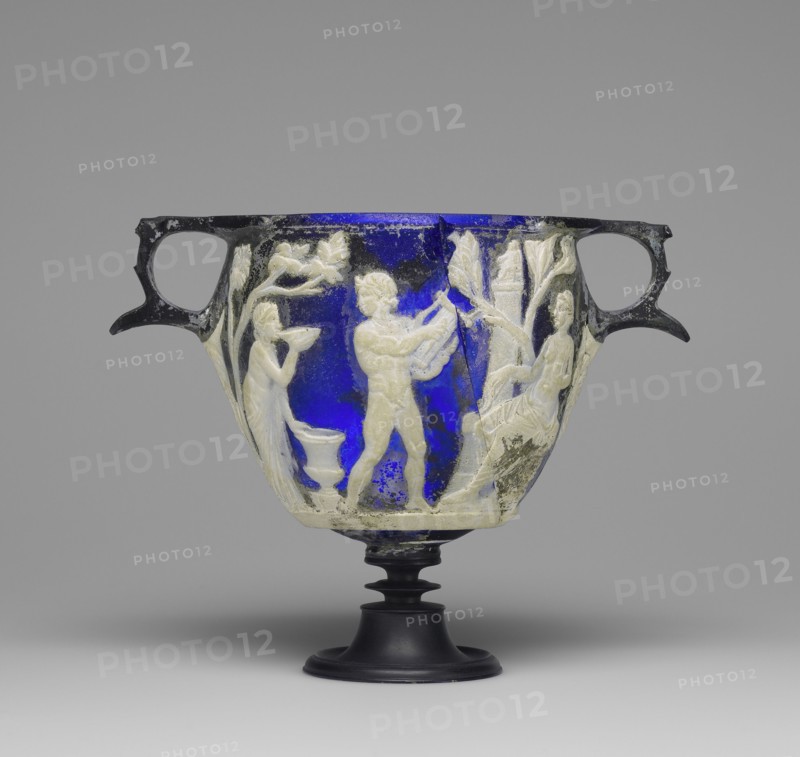Wine Cup with Scenes of Bacchus and His Consort, Ariadne; Roman Empire; 25 B.C. - A.D. 25; Glass; 10.5 × 17.6 × 10.6 cm