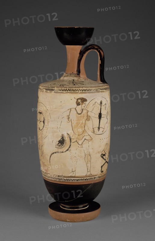 Oil Jar with a Young Man Arming; Attributed to Douris, Greek, Attic, active 500 - 460 B.C., Athens, Greece; 500 - 490 B.C