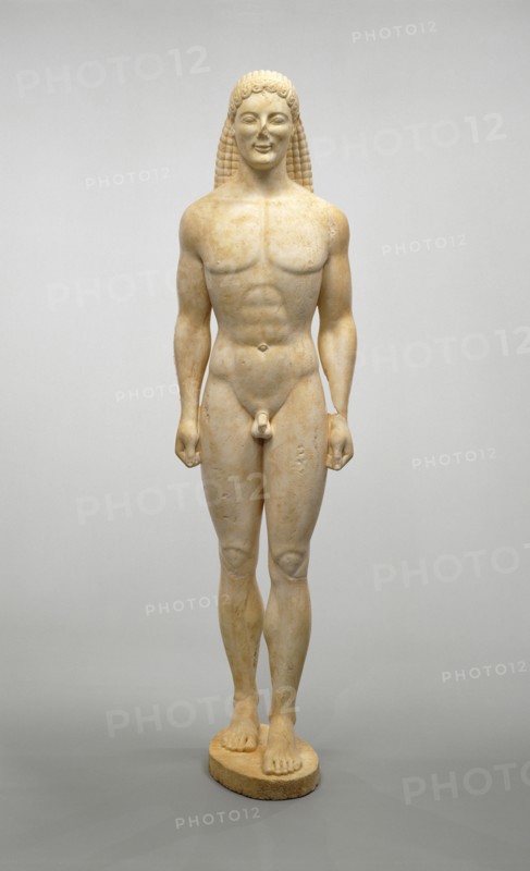 Statue of a Kouros; Greece, ?, about 530 B.C. or modern forgery; Dolomitic marble; 206.1 × 54.6 × 51 cm