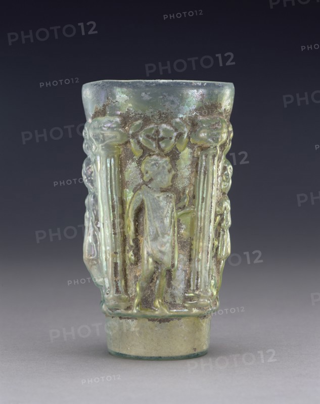 Beaker with Mythological Figures; Eastern Mediterranean; third quarter of 1st century; Glass; 12.6 × 7 cm, 4 15,16 × 2 3,4 in
