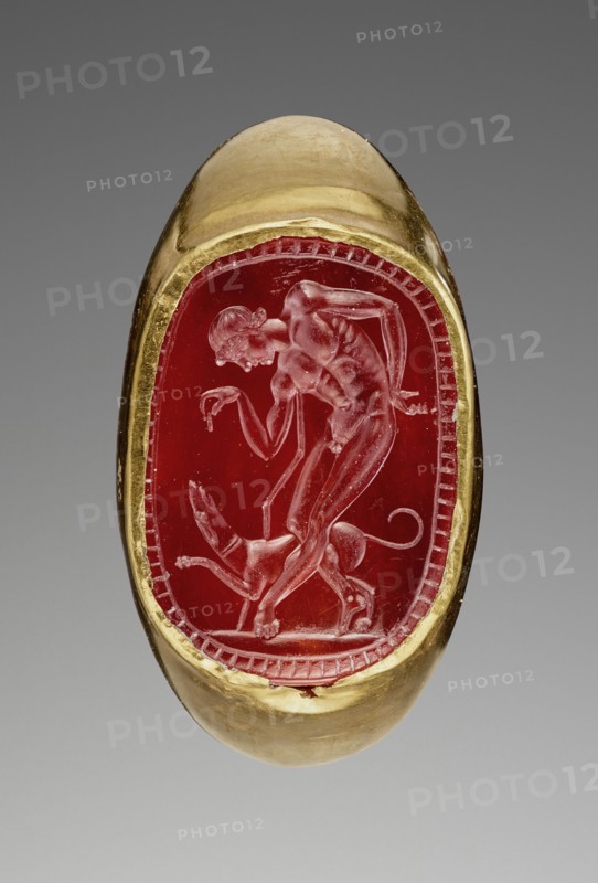 Youth and Dog; Italy; 3rd - 2nd century B.C; Gold; carnelian; 1.8 × 1.3 cm, 11,16 × 1,2 in