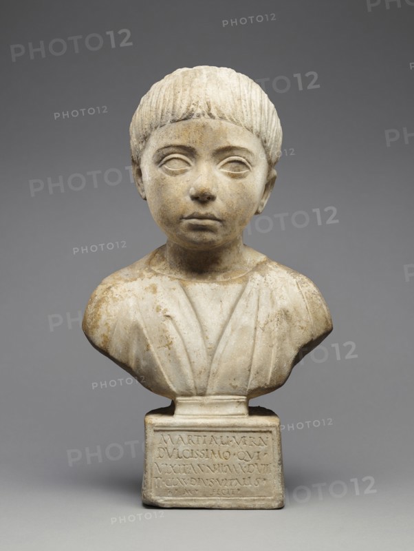 Portrait Bust with Inscription; Roman Empire; A.D. 100–115; Marble; 40.5 × 20 × 10 cm, 15 15,16 × 7 7,8 × 3 15,16 in