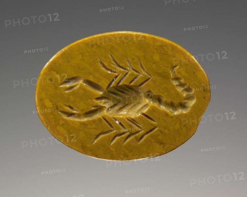 Engraved Gem with a Scorpion and a Magical Inscription; 100 - 250; Yellow jasper; 1.5 × 1.1 × 0.3 cm, 5,8 × 7,16 × 1,8 in