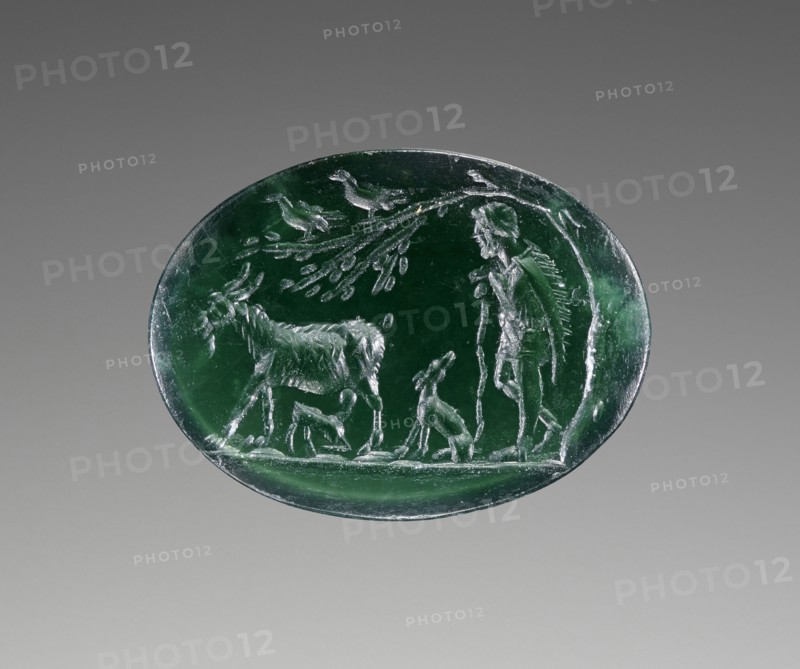Engraved Gem with a Goatherd; A.D. 50–100; Green chalcedony; 1.5 × 1.1 × 0.3 cm, 9,16 × 7,16 × 1,8 in