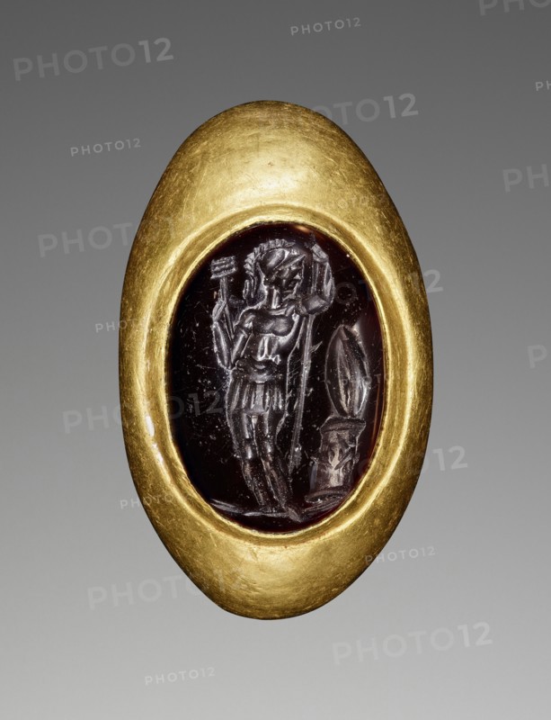 Engraved Gem with Mars inset into a Hollow Ring; 2nd–1st century B.C; Gem: red garnet; ring: gold; 1.8 × 1.3 × 6.5 cm