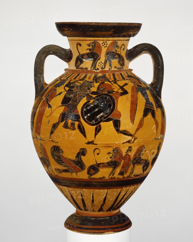 Storage Jar with Herakles Battling Kyknos; Euboea, Greece; about 570 - 560 B.C; Terracotta; 35.8 × 23.8 cm, 14 1,8 × 9 3,8 in