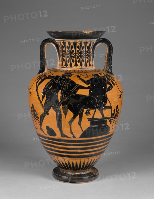 Storage Jar with Herakles Threatening the Centaur Pholos; Attributed to Group of Würzburg 221; Athens, Greece; about 480 - 470