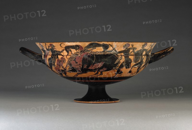 Wine Cup with a Boar Hunt; Painter of Boston C.A; Athens, Greece; about 560 B.C; Terracotta; 12.9 × 33.8 × 26.2 cm