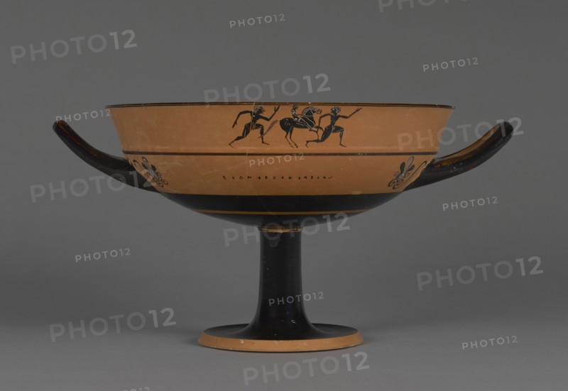Attic Black-Figure Lip Cup; Athens, Greece; about 530 B.C; Terracotta; 14.3 × 21.1 cm, 5 5,8 × 8 5,16 in