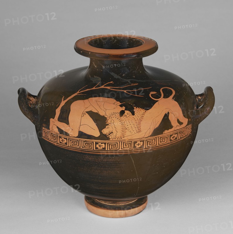 Water Jar with Herakles Wrestling the Nemean Lion; Attributed to Aegisthus Painter, Greek, Attic, active about 480 - about 460