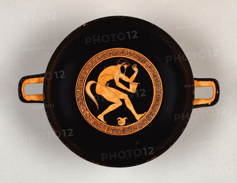 Wine Cup with a Crouching Satyr; Makron, Greek, Attic, active about 490 - 480 B.C., Athens, Greece; about 480 B.C; Terracotta