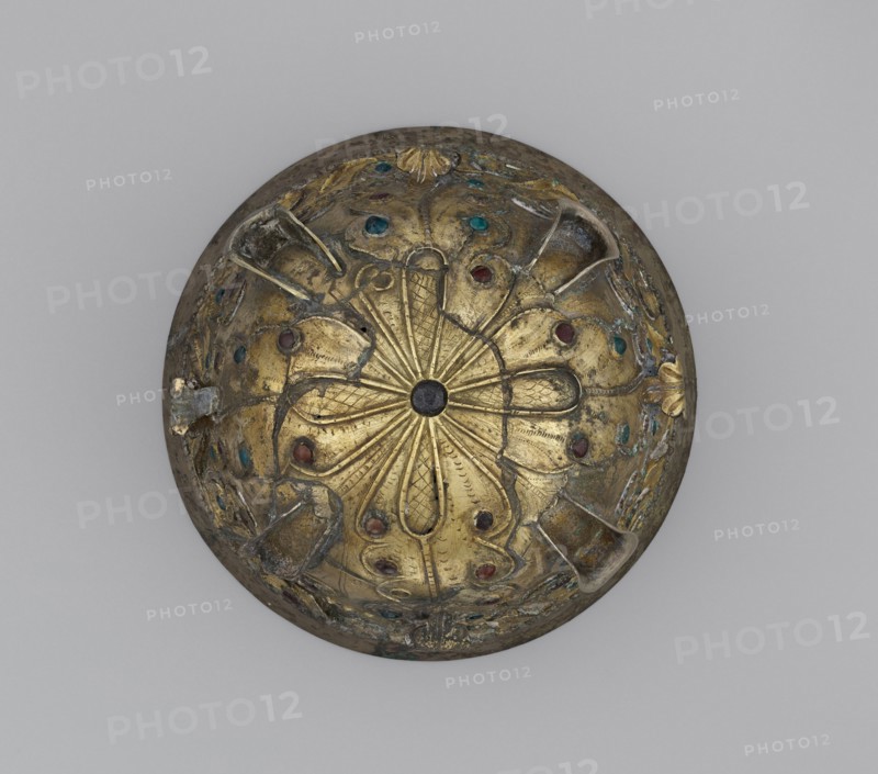 Wine Cup with Floral Decoration; Bactrian Empire; 1st century B.C; Gilt silver, inlaid glass and semiprecious stones; 8.3 × 14