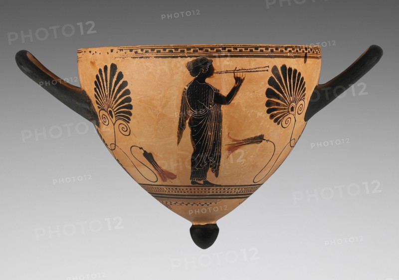 Cup with a Young Woman Playing the Pipes; Attributed to Psiax, Greek, Attic, active about 525 - 510 B.C., Athens, Greece