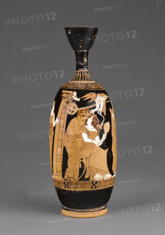 Oil Jar with Paris and Helen; Painter of the Frankfort Acorn, and Phintias; Athens, Greece; about 420 - 400 B.C; Terracotta