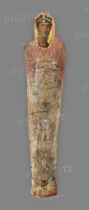 Mummy of Herakleides; Egypt; A.D. 120–140; Tempera and gilding on a wooden panel; linen and animal glue; 175.3 × 44 × 33 cm