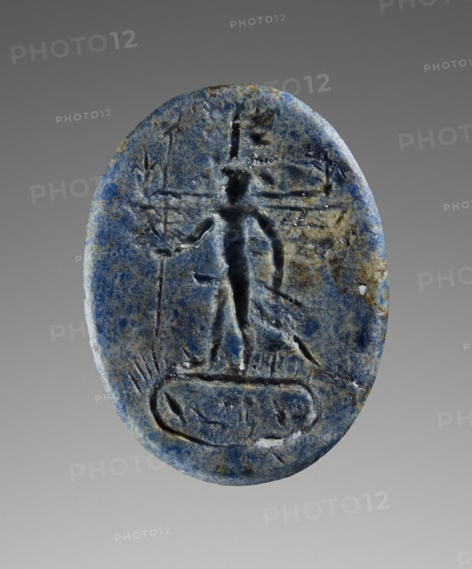 Engraved Gem with Bes-Pantheos and Anubis; Italy; 100 - 250; Lapis lazuli; 1.2 × 0.9 × 0.2 cm, 1,2 × 3,8 × 1,16 in