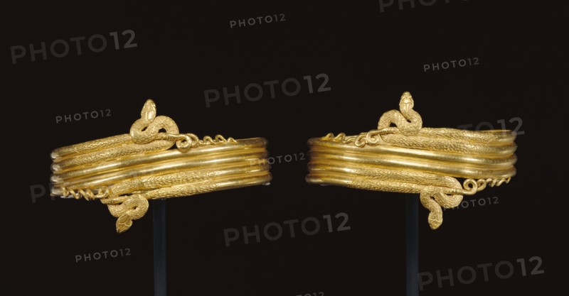 Snake Bracelets; Alexandria, Egypt; 220 - 100 B.C; Bracelets: Gold; Fastening pin: Copper alloy
