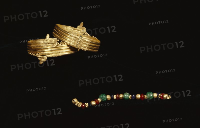 Snake Bracelets; Alexandria, Egypt; 220 - 100 B.C; Bracelets: Gold; Fastening pin: Copper alloy