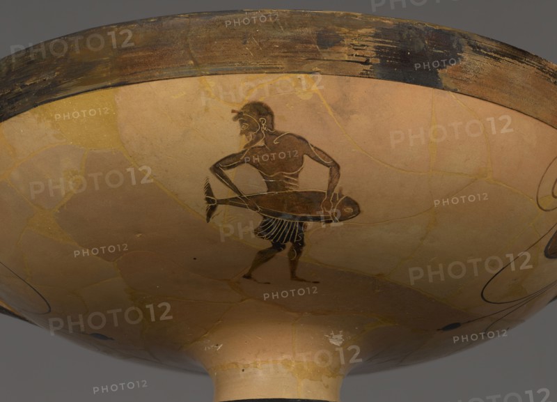 Wine Cup with a Fishmonger; Attributed to an artist close to the Theseus Painter, Greek, Attic, active about 510 - about 490 B.