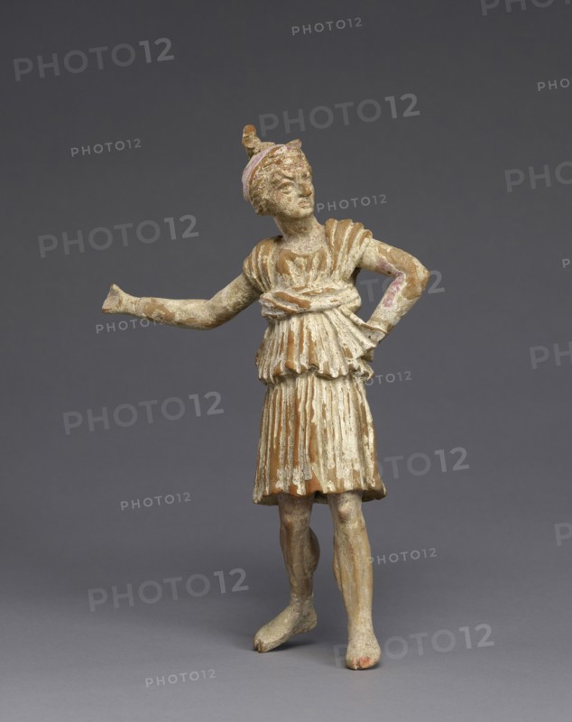 Statuette of a Mime; Tarentum, Taras, Puglia, Italy; 225 - 175 B.C; Terracotta with white slip and polychromy, bright pink